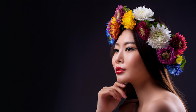 Portrait of a woman wearing a flower headband on dark background with copy space. The flowers are in various colors and are arranged in a way that makes her look beautiful and happy