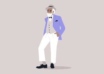 A dapper senior gentleman in a light blue suit and white trousers stands with a hand in his pocket, gazing confidently into the distance