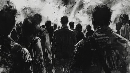 Fototapeta premium A black and white sketch of many people in the distance, on an isolated background, with hatching shading style, a pencil drawing, dark and gritty, with an inkblot effect, a back view Generative AI