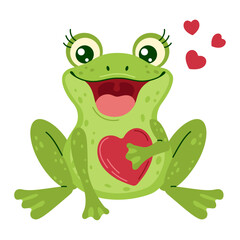 An adorable green frog holds Red heart in its paws and small red hearts around it. Hand drawn trendy flat style isolated on a white background. Love and affection concept vector illustration