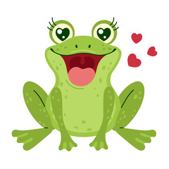 An adorable green frog with heart-shaped eyes and red hearts around it. Hand drawn trendy flat style isolated on a white background. Love and affection concept vector illustration