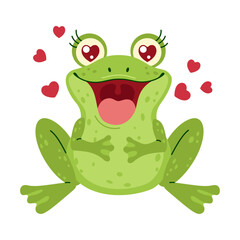 An adorable green frog with heart-shaped eyes and red hearts around it. Hand drawn trendy flat style isolated on a white background. Love and affection concept vector illustration