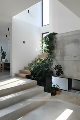 Modern Minimalist Staircase with Concrete Wall and Plants