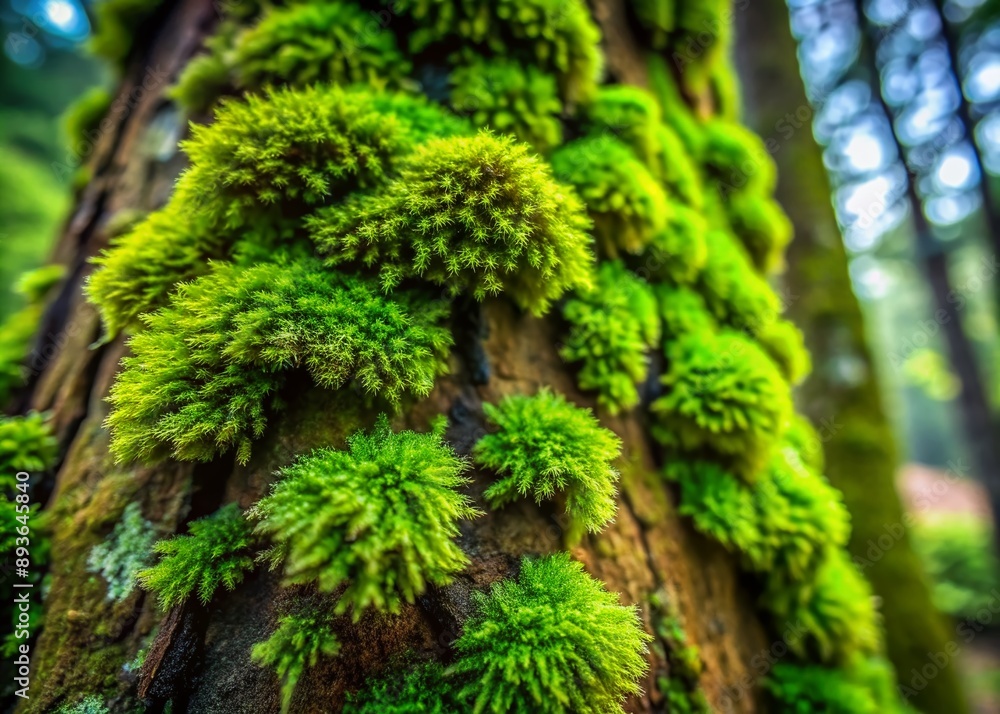 Poster vibrant green moss with intricate patterns and detailed texture grows densely on a tree trunk, showc