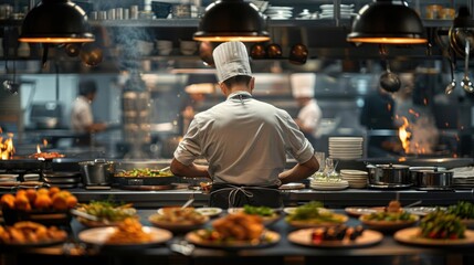Obraz premium A chef preparing delicious gourmet dishes in a well-lit kitchen, showcasing culinary skill and creativity with vibrant ingredients.