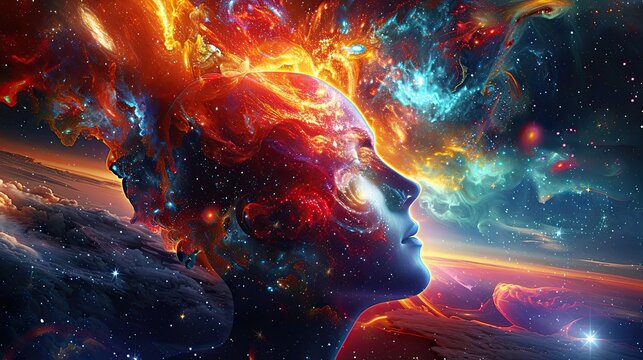 Vivid 3D scene of a persons head opening up to reveal a galaxy of ideas and colors depicting the endless possibilities of a creative mind