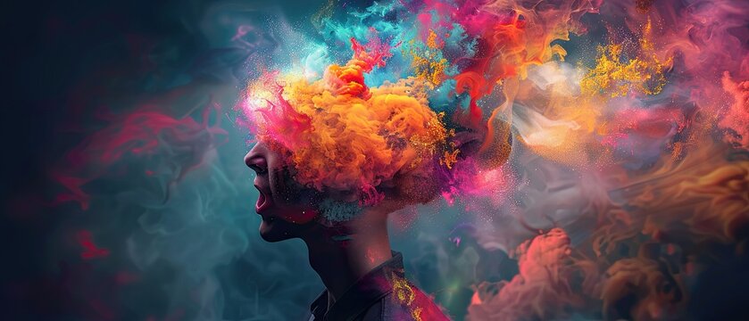 3D illustration of a person with an exploding head of colorful ideas signifying the burst of creativity and inspiration
