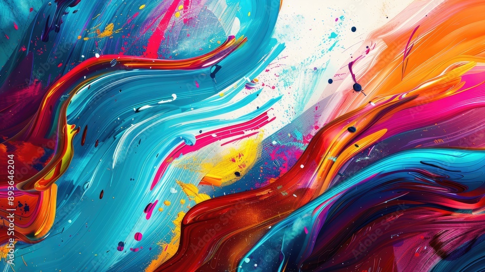 Poster abstract splash of paint with ribbon strokes, creating a wave-like pattern with vibrant colors.