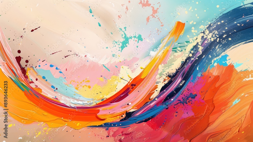 Poster abstract splash of paint with ribbon strokes, creating a wave-like pattern with vibrant colors.