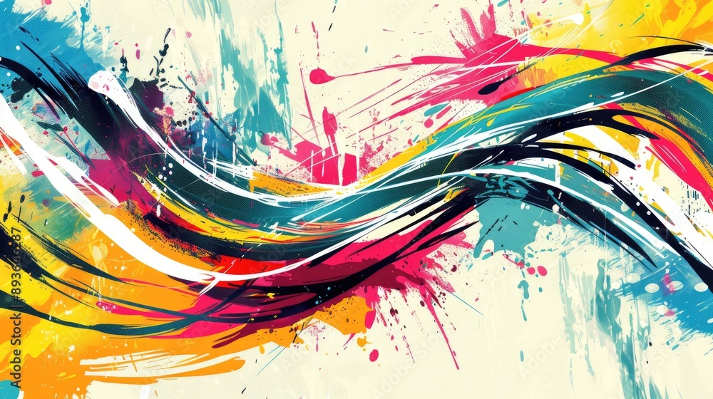 Poster abstract splash pattern with dynamic ribbon strokes and vibrant brush paint colors.