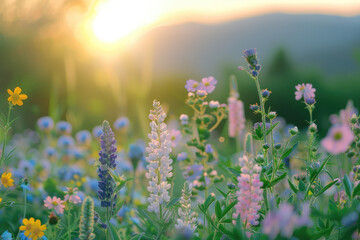 Obraz premium Wildflower garden with blossoms swaying in gentle breeze