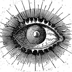 Old ink drawing of an eye with rays around it, clip art style, antique woodblock print style, simple design, white background, gothic art style, vintage style, antique style, detailed style	
