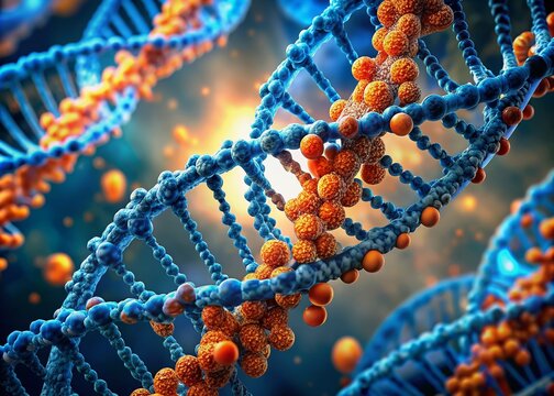 Vibrant, intricately detailed microscopic image of a DNA double helix, showcasing twisted ladder-like structure with nucleotide base pairs, in shades of blue and orange.