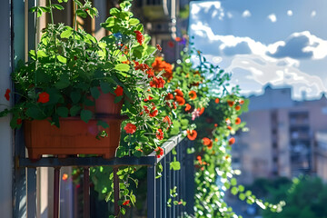 Lush green plants and vibrant red flowers thriving on a sunny balcony overlooking a city
