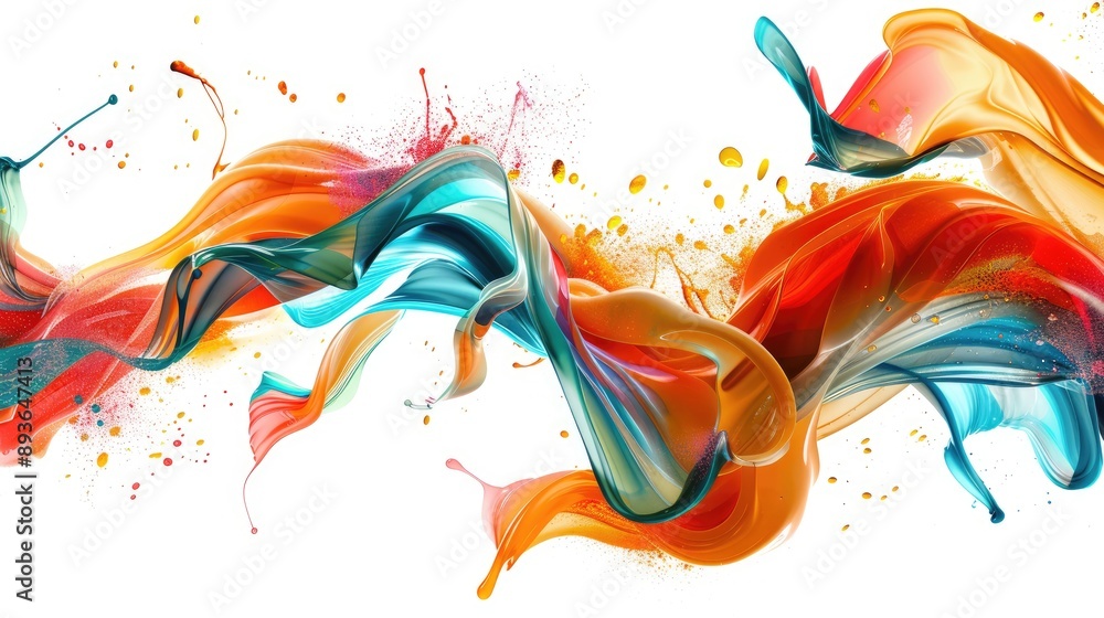 Poster dynamic ribbon stroke swirl with abstract splash effects, creating a vibrant wave design.