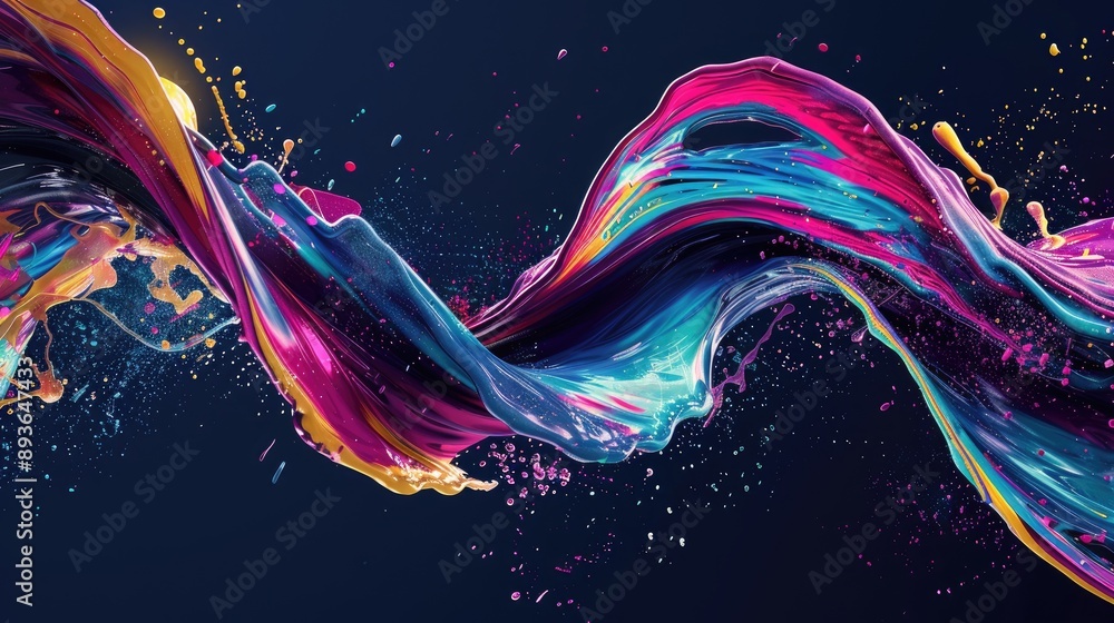 Poster dynamic ribbon stroke swirl with abstract splash effects, creating a vibrant wave design.