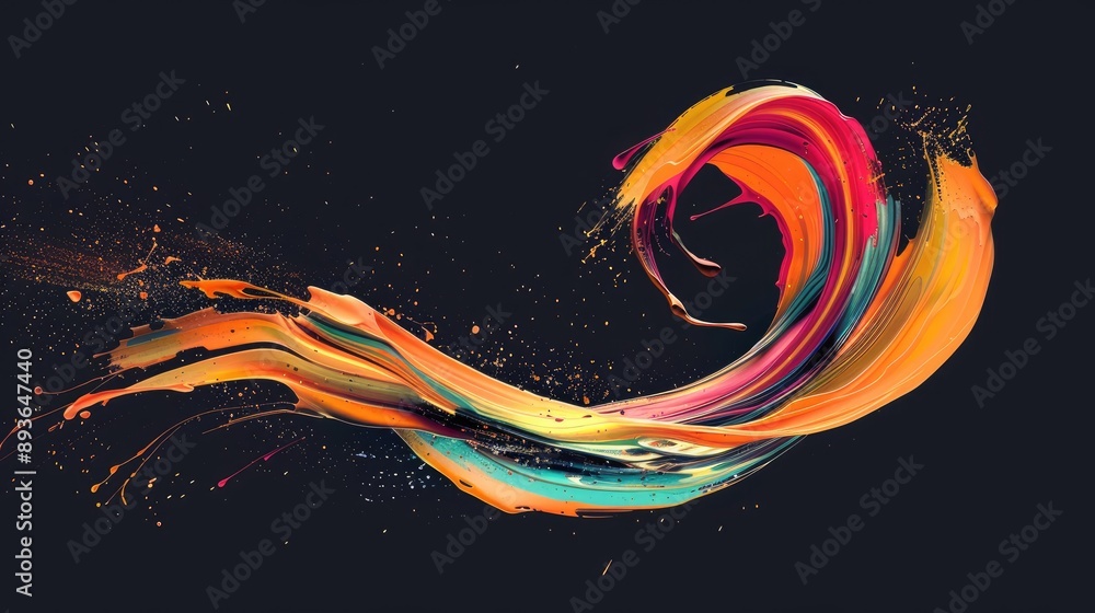 Poster dynamic ribbon stroke swirl with abstract splash effects, creating a vibrant wave design.