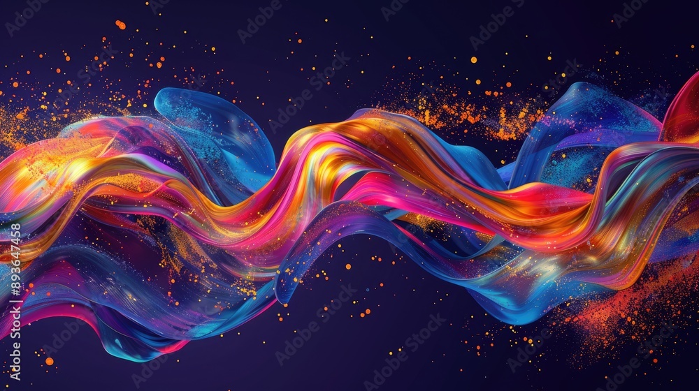 Poster dynamic ribbon stroke swirl with abstract splash effects, creating a vibrant wave design.