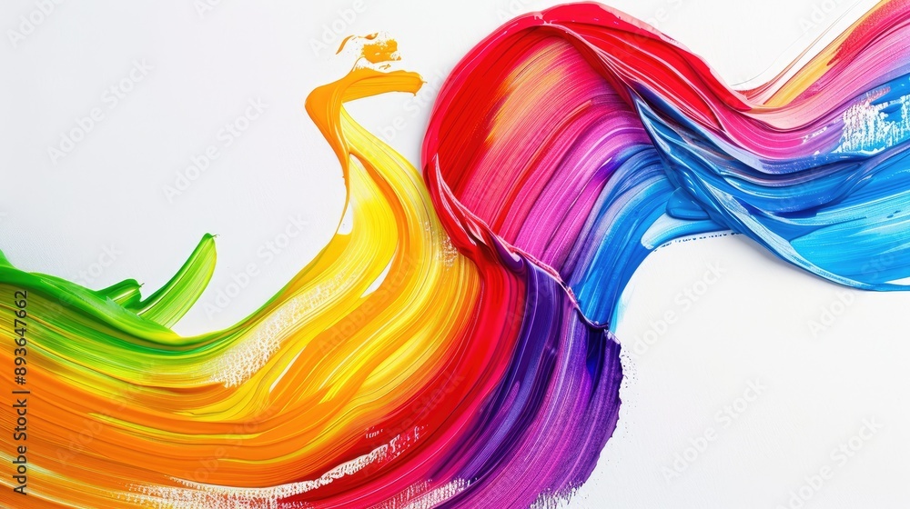 Poster dynamic swirl of brush paint ribbons in rainbow hues, creating an abstract wave on a white backgroun
