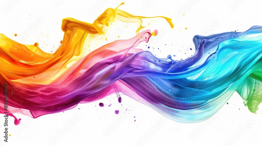 Poster dynamic swirl of brush paint ribbons in rainbow hues, creating an abstract wave on a white backgroun
