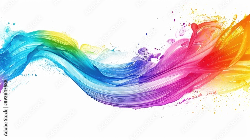 Poster dynamic swirl of brush paint ribbons in rainbow hues, creating an abstract wave on a white backgroun