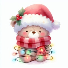 Fototapeta premium Cute cartoon teddy bear wearing a Santa hat and scarf, tangled in Christmas lights.