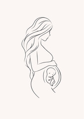 Pregnant woman with a baby drawing in linear style on light background