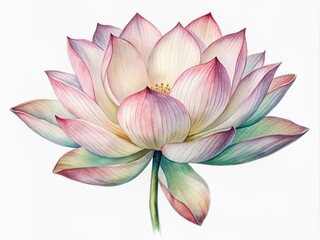 Delicate watercolor lotus flower blooms in soft pastel hues, isolated on a crisp white background, perfect for elegant designs, invitations, and whimsical fabric patterns.