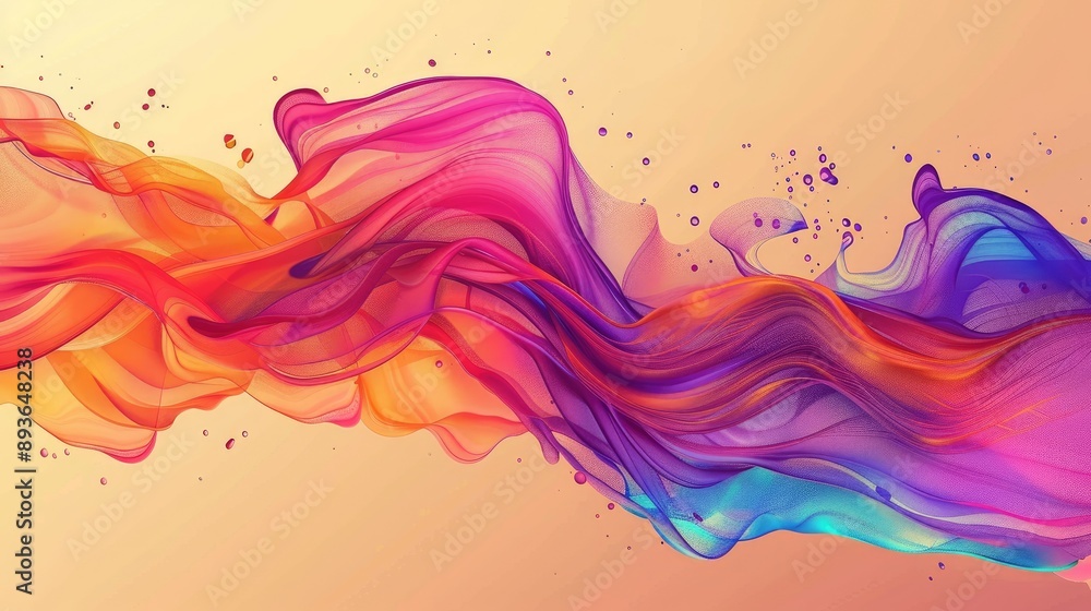 Poster fluid wave design with colorful brush paint ribbons and abstract splash effects.