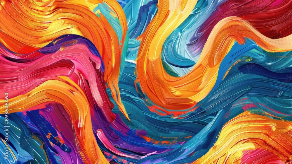 Poster fluid wave pattern with colorful brush strokes and ribbon-like paint effects.