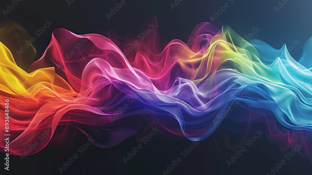Poster ribbon strokes in rainbow hues forming a fluid wave, creating an abstract and dynamic design.