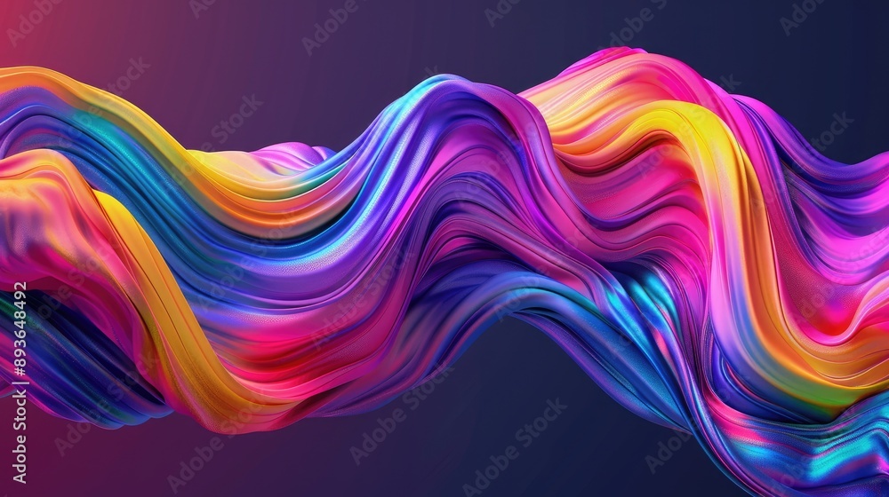 Poster ribbon strokes in rainbow hues forming a fluid wave, creating an abstract and dynamic design.