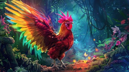 Fototapeta premium Spectacular chicken with neon wings in a magical, paradise forest