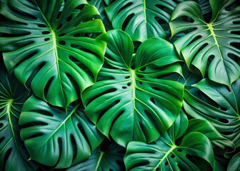 Vibrant green Monstera leaves with natural, abstract texture and delicate veins create a stunning tropical background, perfect for adding a touch of exotic elegance.