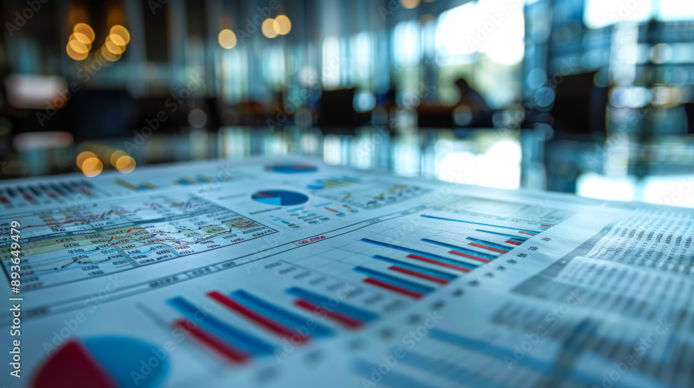 Poster a close-up of financial charts and graphs on a document, representing data analysis, business perfor