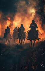 Fototapeta premium Knights Riding Horses Through Fiery Landscape Silhouettes