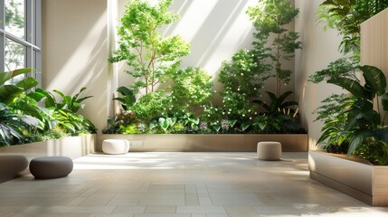 Hospital waiting area filled with greenery and natural textures promoting healing through biophilia