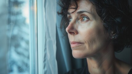 Middle-aged individual staring out a window contemplating life choices and future direction