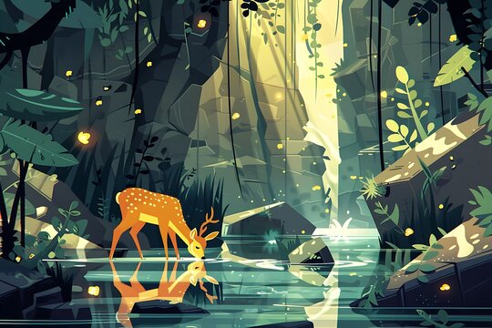 Tranquil Cartoon Deer Drinking from Crystal-Clear Forest Stream with Sunlight Filtering Through Trees