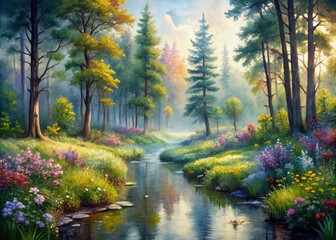 Softly blended watercolor hues depict a tranquil forest, with misty trees, vibrant wildflowers, and a gentle stream, evoking a sense of peacefulness and connection with nature.