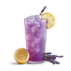 A tall glass of lavender lemonade with ice, a lemon wedge, and a sprig of lavender