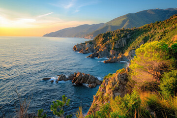 First light of dawn on rugged Tuscany cliffs golden glow on peaceful shoreline
