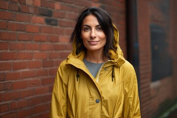 Naklejka premium Portrait of a content indian woman in her 40s wearing a lightweight packable anorak while standing against vintage brick wall
