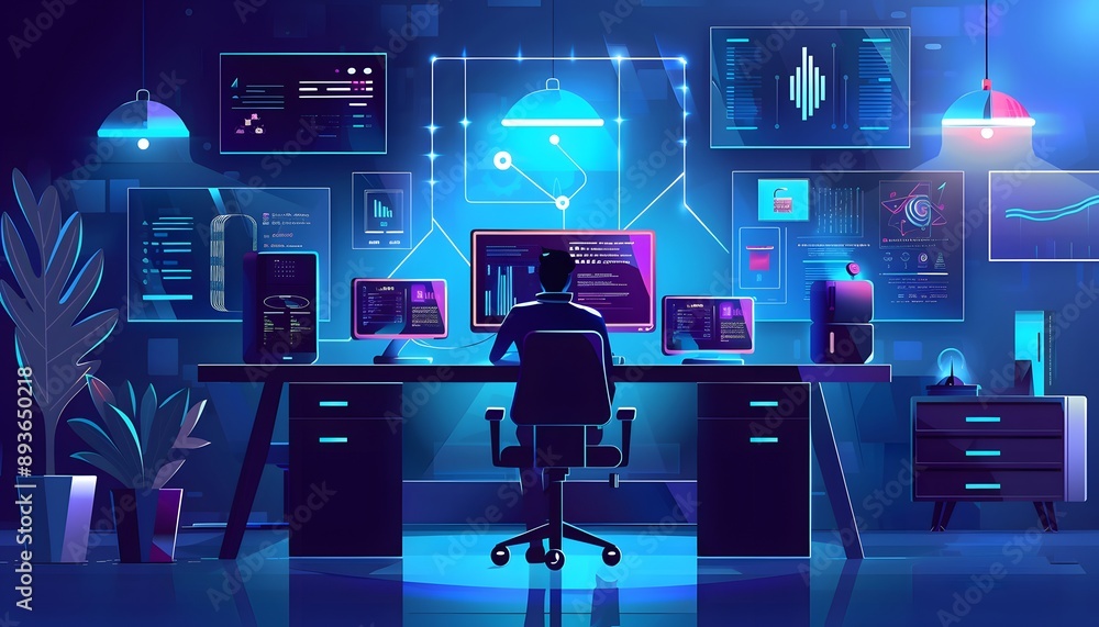 Poster cybersecurity expert working on a hacker attack
