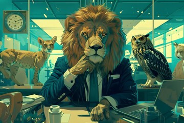 A surreal illustration of an office setting where animals are performing different roles, such as a lion as a CEO and an owl as an advisor, with a futuristic touch