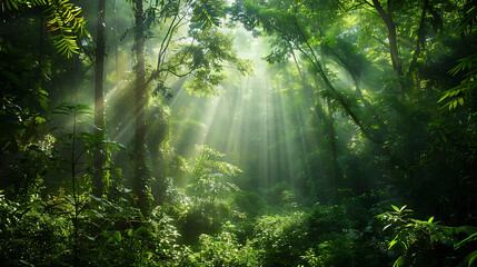 Fototapeta premium Sunbeams Filtering Through Lush Green Forest 