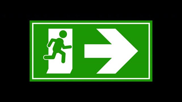 Emergency exit sign with stick figure running at the door with arrow on a black background