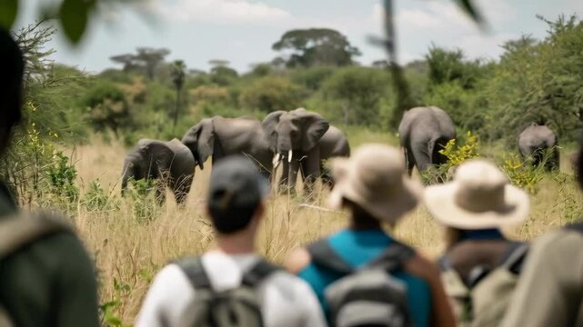Tourists on a safari observe a herd of elephants grazing in the African savanna. The group, wearing casual outdoor clothing and hats, stands in the foreground with lush greenery and acacia trees in