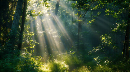 Obraz premium Sunbeams Filtering Through Lush Green Forest 