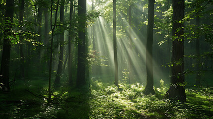 Naklejka premium Sunbeams Filtering Through Lush Green Forest 